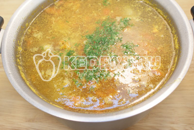 Сложить в кастрюлю помидор и морковь, варить еще 3-5 минут. В конце варки добавить в суп мелко нашинкованную зелень укропа и соль. Перемешать и закрыть крышкой.