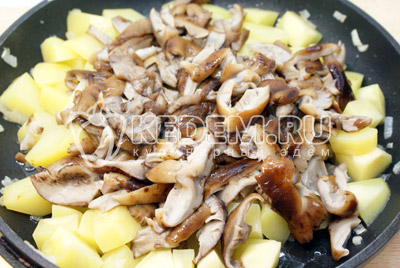 Добавить нарезанные грибы, посолить и поперчить по вкусу