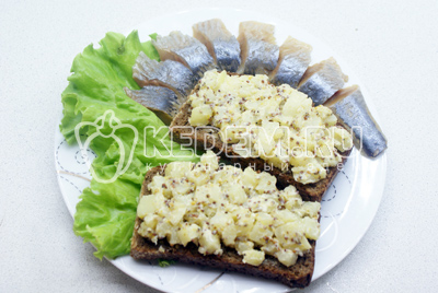 Выложить на тарелку бутерброды на лист салата и украсить порезанным веером фиде сельдьи. 