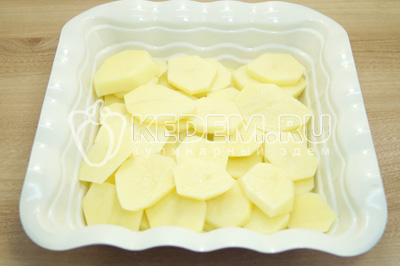 Картофель нарезать кружочками и выложить в форму.