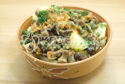 Выложить картофель с грибами в миску и посыпать мелко нашинкованным укропом.